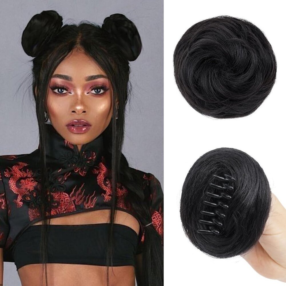 2PC Space Bun Hair Clip Natural Black Hair Bun Extensions for Women, Mini Claw C